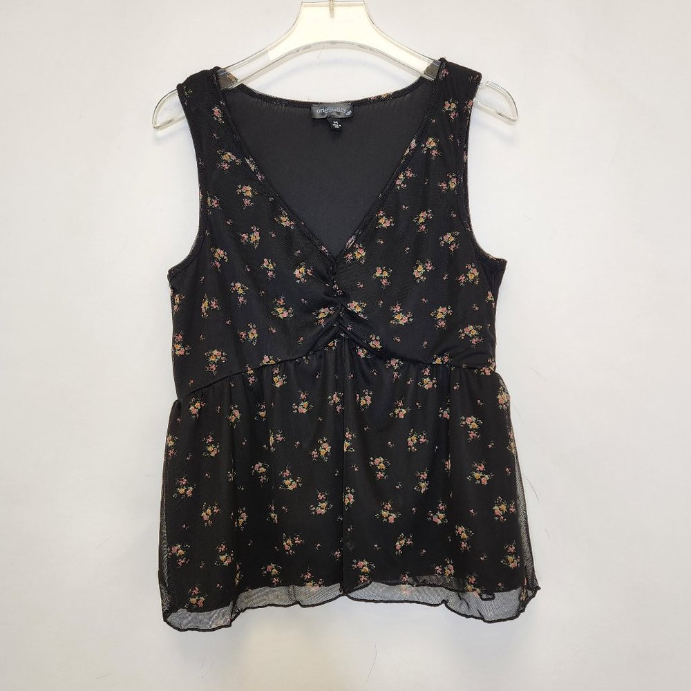 Originality Crop Top Medium Black Floral Mesh V Neck Stretch